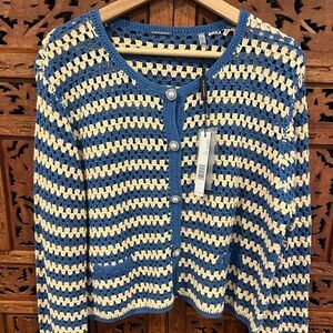 Elie Tahari blue and cream crochet button-down jewel button cardigan.